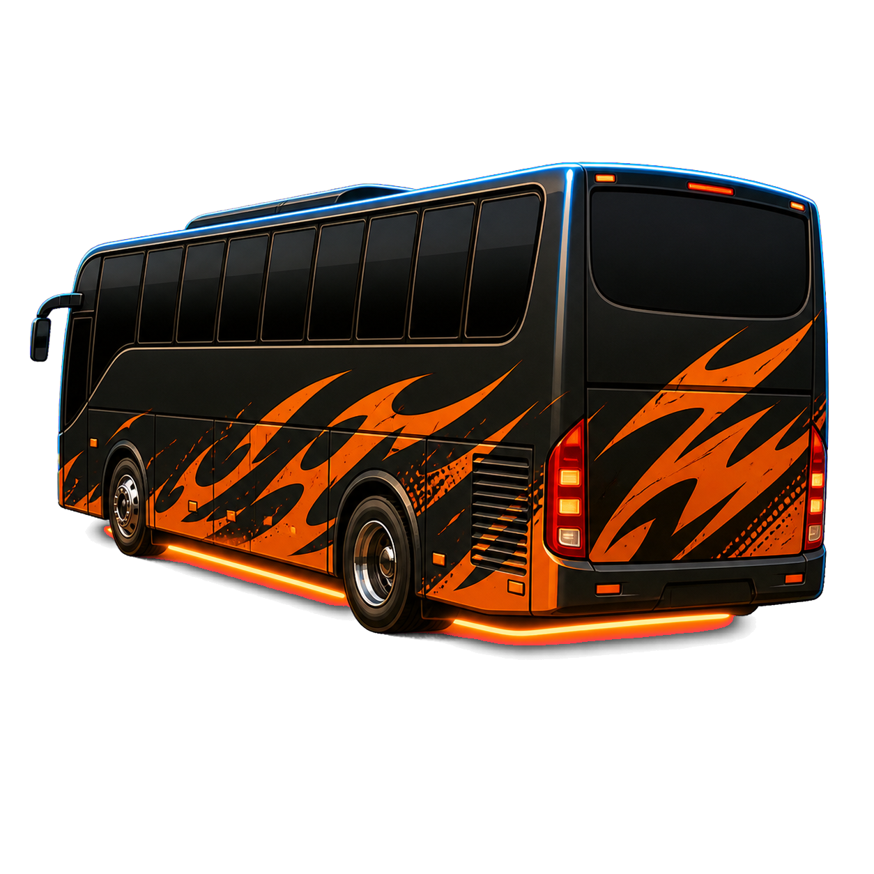 Zwarte partybus met oranje vlammen